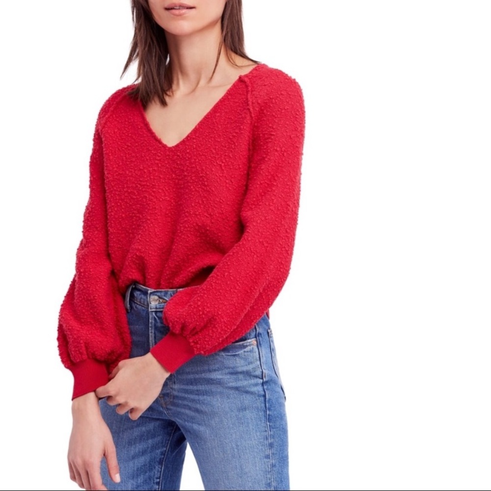 Free People Icing V-Neck Pullover Cropped Red Cozy Sweater. Size SP